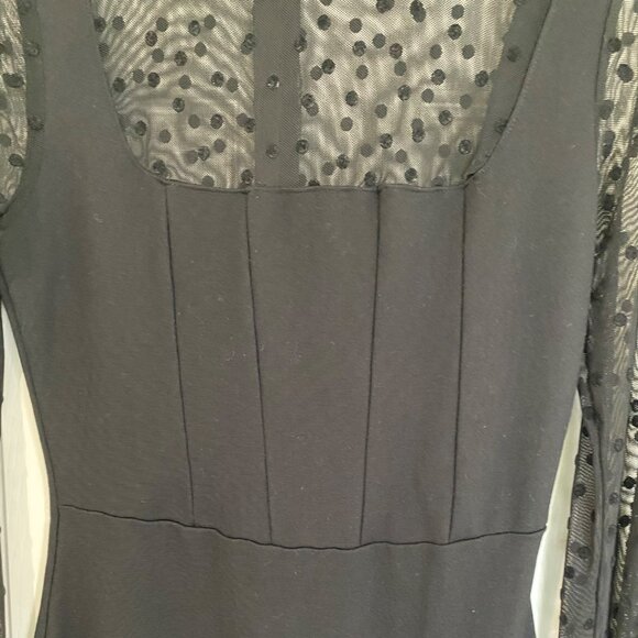Sheer Polka Dot Long Sleeve Black Bodycon Dress With Mock Neck & Back Zip Closur - Picture 6 of 9